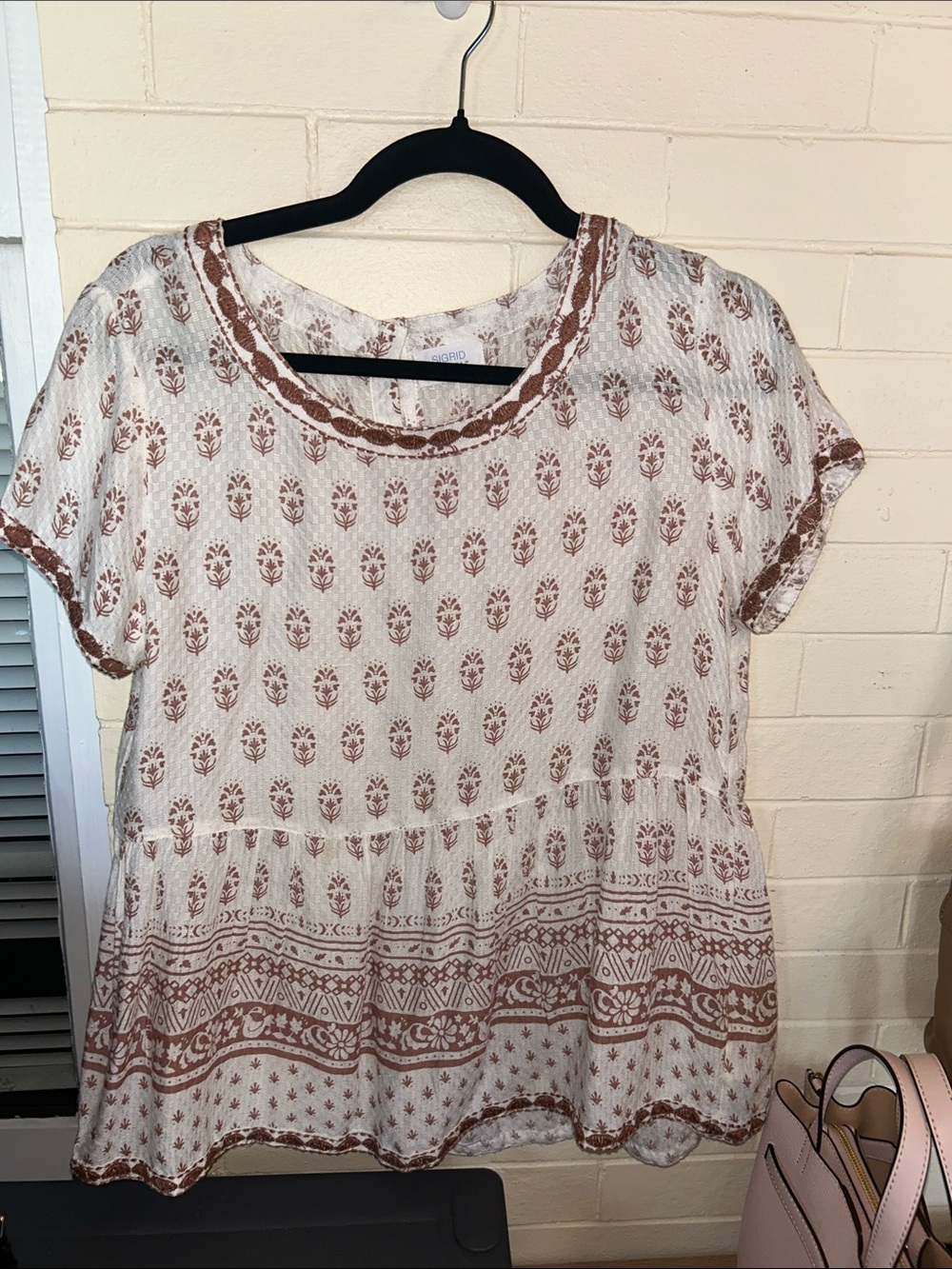 NWOT Sigrid Olsen Cream  boho lightweight blouse with Brown Floral Print